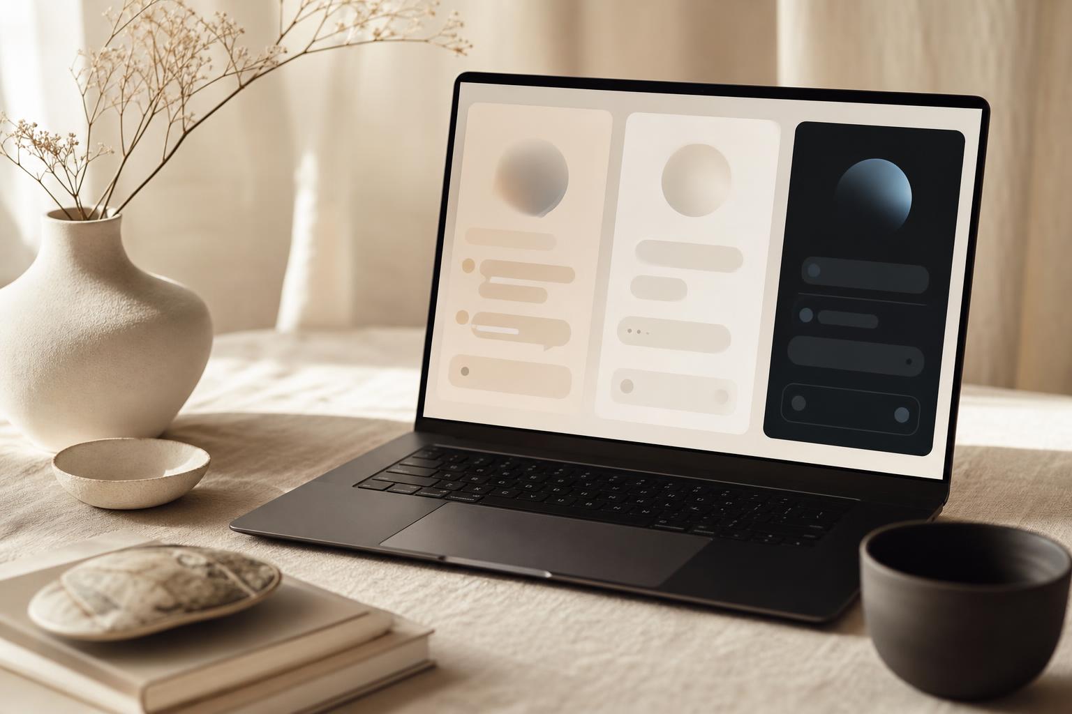 Editorial still life of a laptop displaying AI assistant interface panels on a warm cream surface